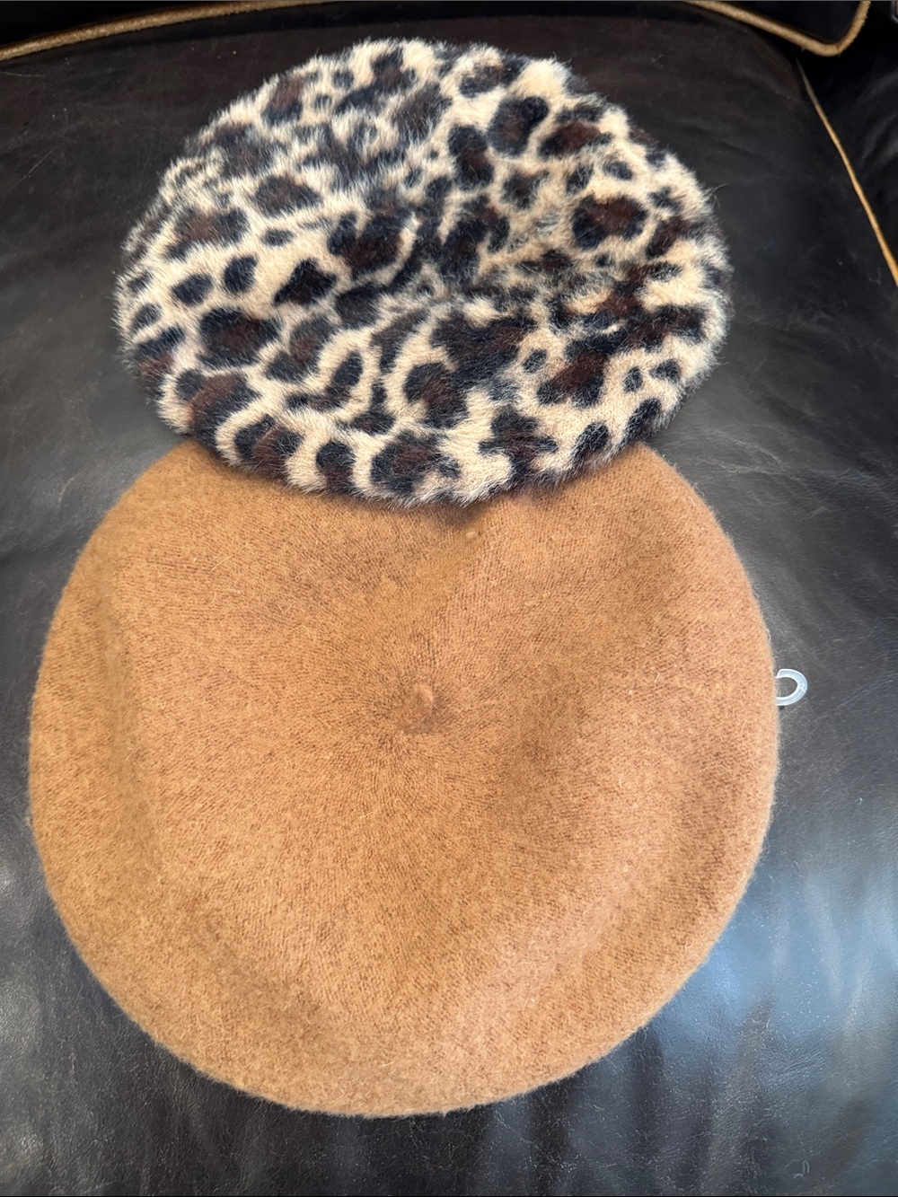 Leopard Print Faux Fur & Camel Wool Beret Duo NWT